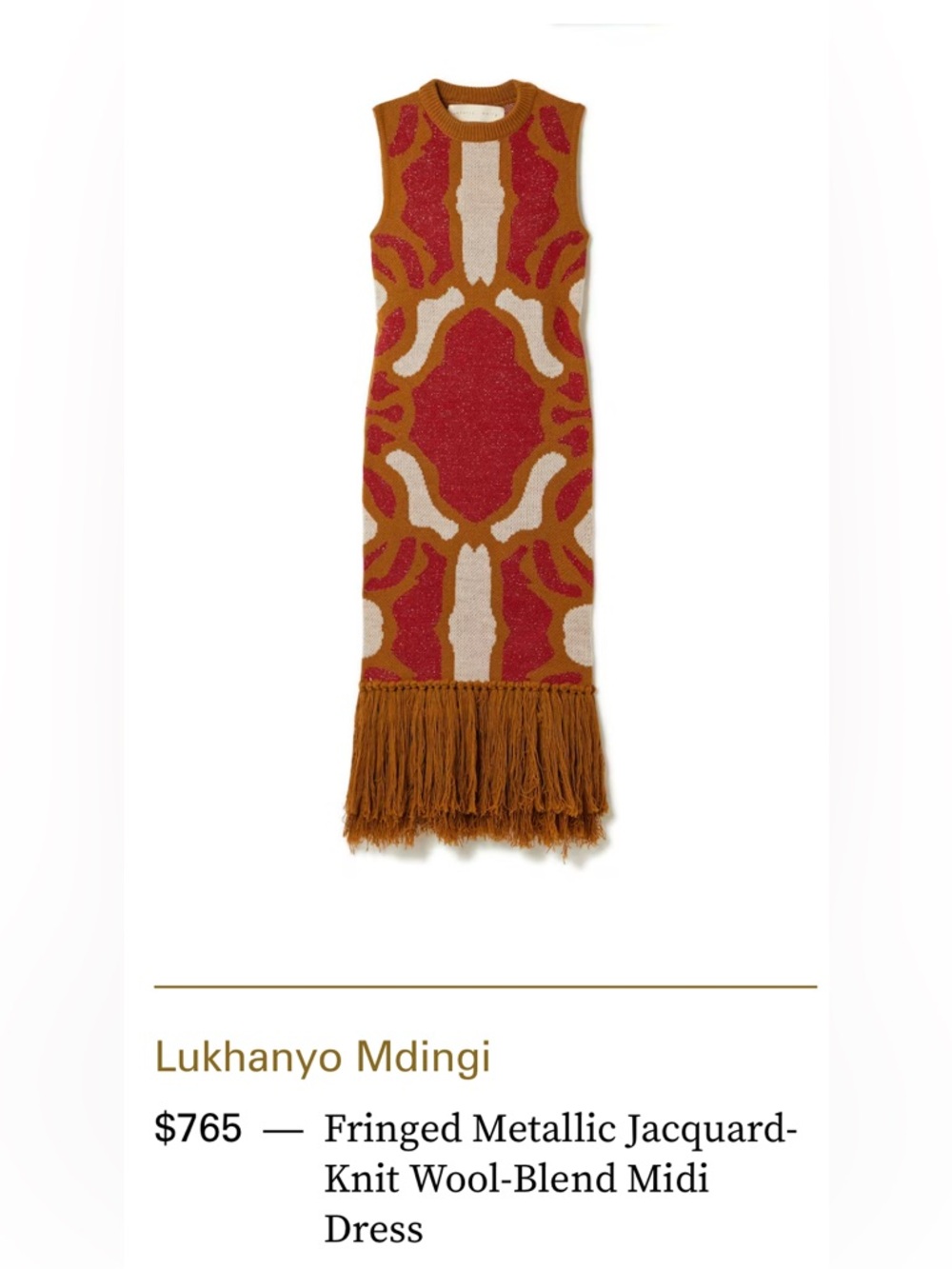 Lukhanyo Mdingi Metallic Jacquard Knit Fringe Midi Dress Wool Blend Size M